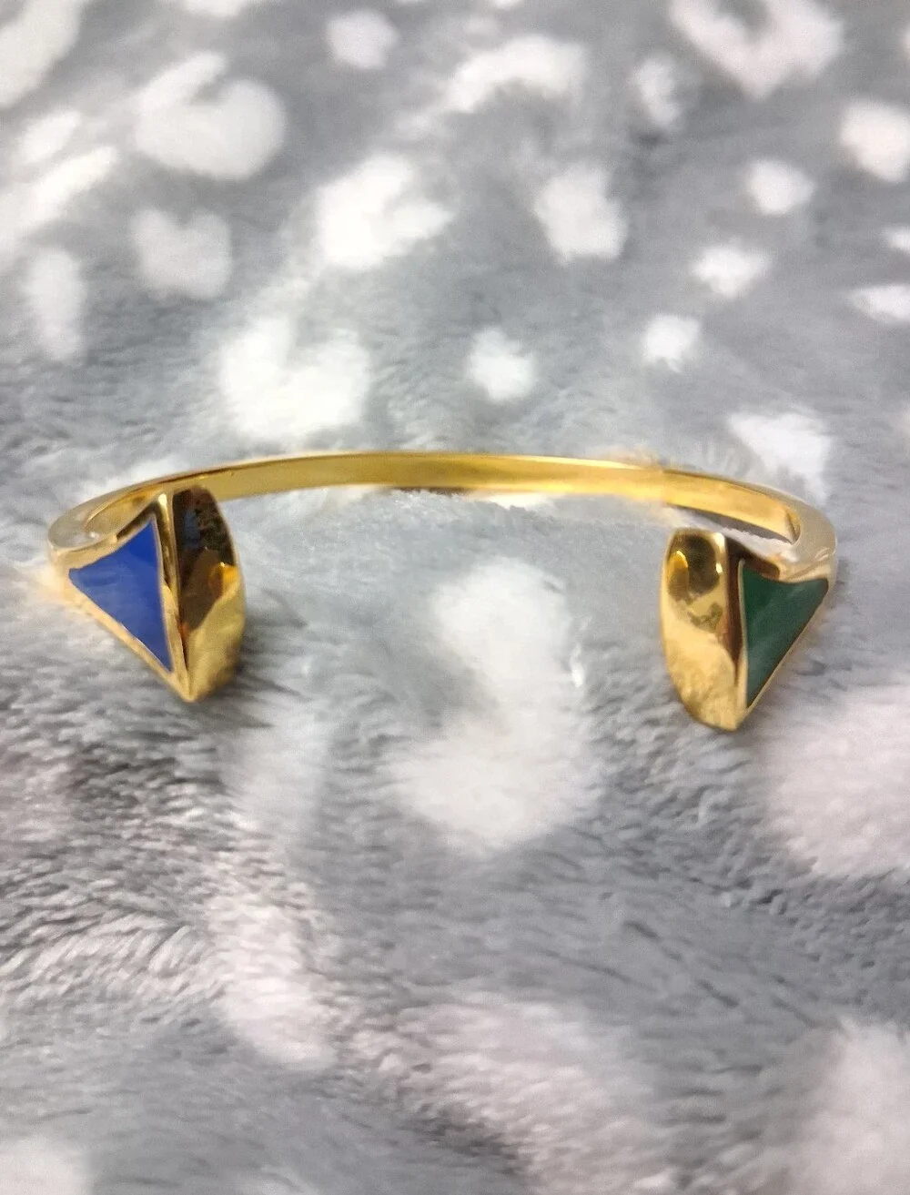 Gold Tone Open Cuff Bracelet with Blue and Green Accents